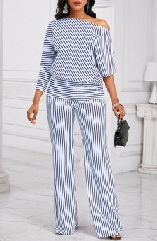 Striped Asymmetry Blue Long Off Shoulder Top and Pants