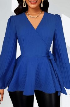 Surplice Royal Blue Long Sleeve V Neck Blouse