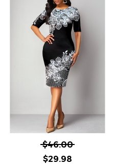 Floral Print Black Half Sleeve Round Neck Bodycon Dress