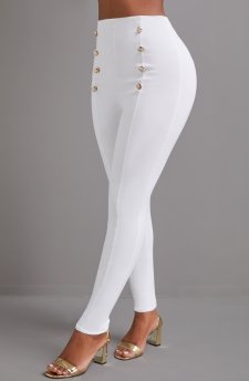 High Waisted Button White Skinny Elastic Waist Pants