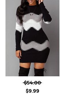 Mock Neck Long Sleeve Chevron Pattern Sweater Dress