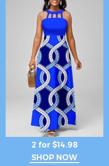 Tribal Print Cage Neck Royal Blue Maxi Dress