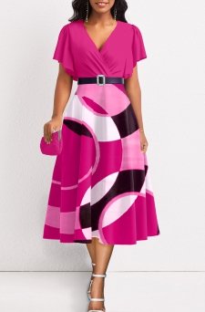 Geometric Print Umbrella Hem Hot Pink Dress