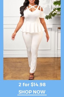 Cage Neck Flounce Cold Shoulder White Jumpsuit