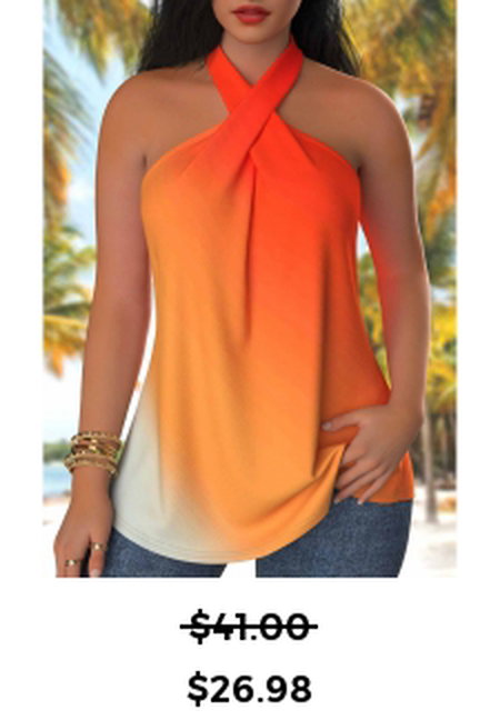 Ombre Criss Cross Orange Sleeveless Shirt Collar Tank Top