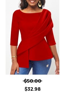 Asymmetry Red 3/4 Sleeve Boat Neck Blouse