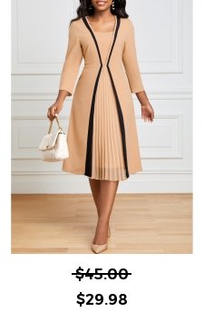 Pleated Light Camel Square Neck Dress