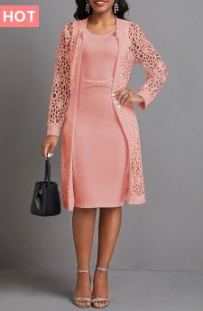 Round Neck Two Piece Pink Long Sleeve Dress and Cardigan