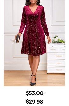Geometric Print Velvet Wine Red Long Sleeve Dress