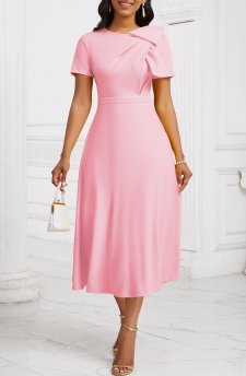 Zipper Light Pink Short Sleeve Asymmetrical Neck Dress