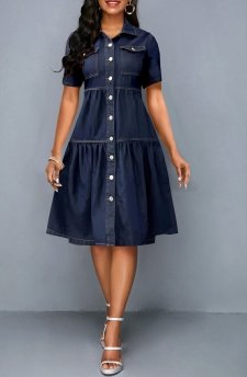 Pocket Denim Blue Short Sleeve Turn Down Collar Dress