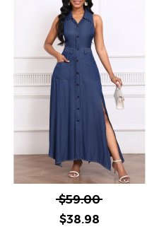 Handkerchief Hem Denim Blue Sleeveless Shirt Collar Maxi Dress