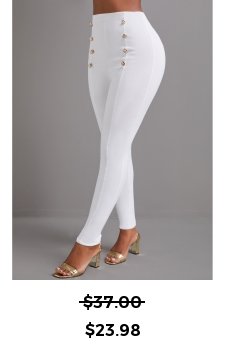 High Waisted Button White Skinny Elastic Waist Pants