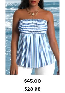 Striped Smocked Blue Sleeveless Bandeau Tank Top