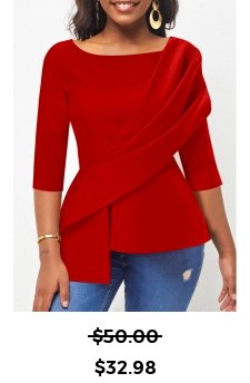 Asymmetry Red 3/4 Sleeve Boat Neck Blouse