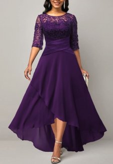 Lace Patchwork Half Sleeve Purple Dress