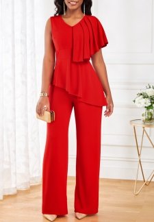 Red V Neck Sleeveless Ruffle Jumpsuit