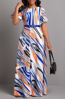 Geometric Print Zipper Multi Color Maxi Dress