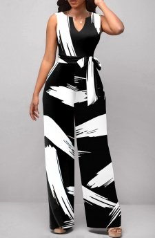 Graffiti Print Belted White Split Neck Jumpsuit