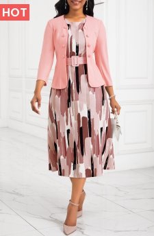 Two Piece Belted Pink Round Neck Dress and Cardigan