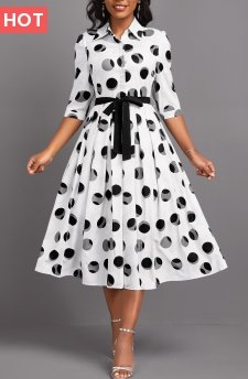 Geometric Print Button Belted White 3/4 Sleeve Dress