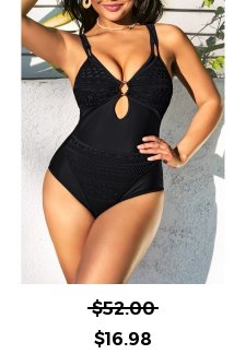 Metal Ring Detail Lace Patchwork Black One Piece Swimwear