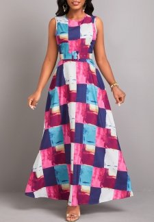 Geometric Print Patchwork Belted Multi Color Sleeveless Maxi Dress