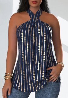 Geometric Print Criss Cross Navy Sleeveless Tank Top