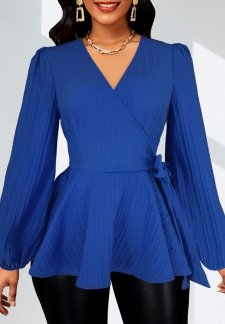 Surplice Royal Blue Long Sleeve V Neck Blouse