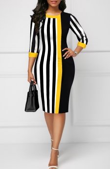 Black Striped Round Neck Bodycon Dress