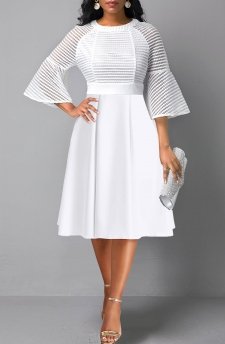 Three Quarter Length Sleeve Mesh White Round Neck Dress