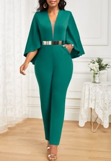 Pocket Green Ankle Length V Neck Jumpsuit