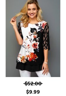 Mesh Panel Round Neck Floral Print T Shirt