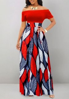 Tribal Print Patchwork Red Short Sleeve Maxi Dress