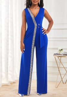 Sequin Sapphire Blue V Neck Jumpsuit