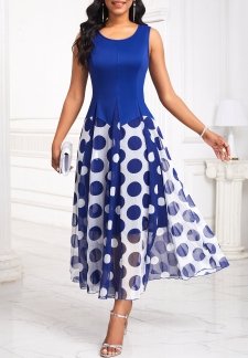 Polka Dot Insert Navy Sleeveless Round Neck Dress