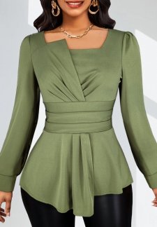 Ruched Sage Green Long Sleeve Asymmetrical Neck Blouse
