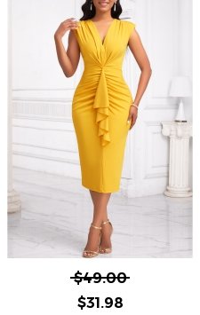 Ruffle Yellow Short Sleeve V Neck Bodycon Dress