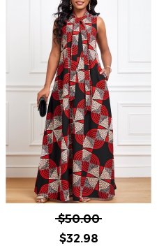 Geometric Print Ribbon Red A Line Sleeveless Dress