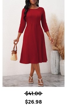 3/4 Sleeve Wine Red Round Neck Dress