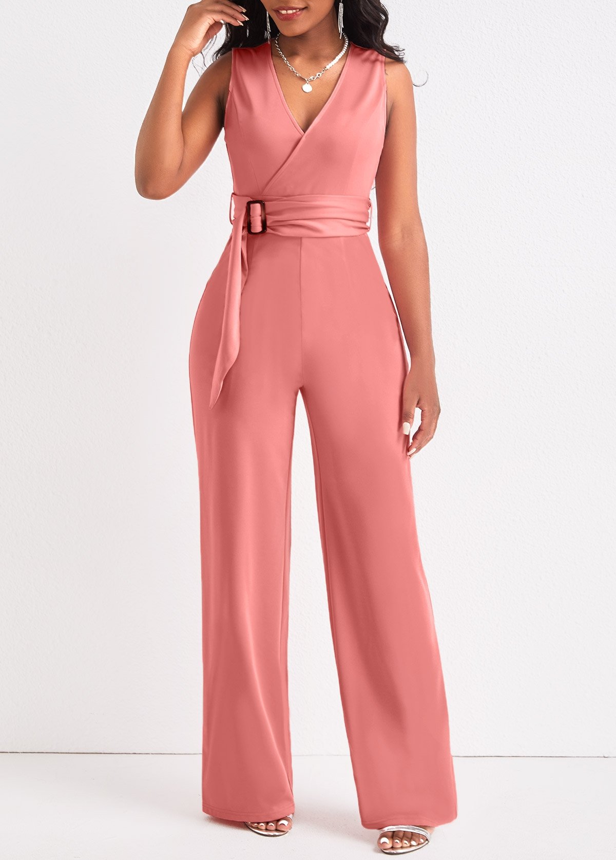 Tie Belted Dusty Pink Long V Neck Jumpsuit