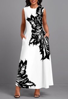 Leaf Print Pocket White Sleeveless Round Neck Maxi Dress