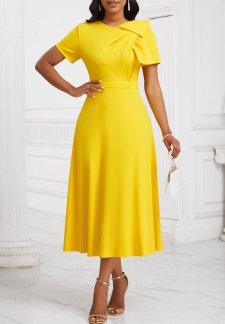 Zipper Yellow Short Sleeve Asymmetrical Neck Dress