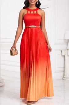 Ombre Cage Neck Orange Sleeveless Maxi Dress