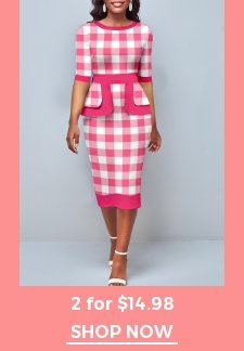 Pink Plaid Round Neck Bodycon Dress