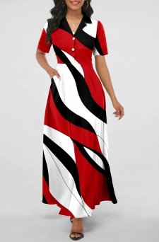 Geometric Print Pocket Red Lapel Maxi Dress