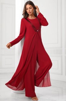 Deep Red Round Neck Sequin Jumpsuit and Cardigan