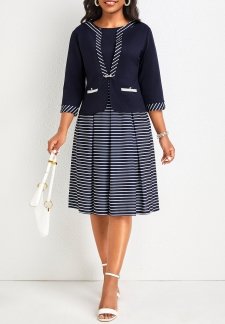 Striped Navy Round Neck Dress and Cardigan