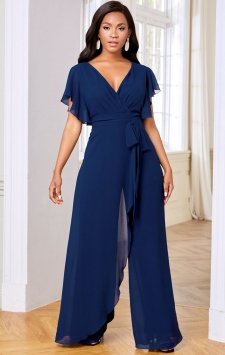 Overlay V Neck Ruffle Sleeve Chiffon Jumpsuit