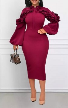 Frill Stand Collar Wine Red Bodycon Dress